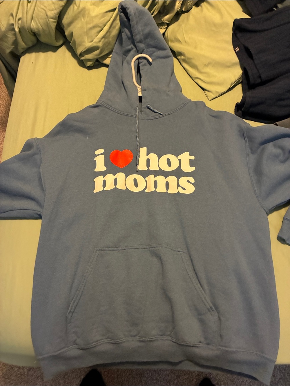 Blue Graphic Pullover Hoodie with Red Heart Slogan